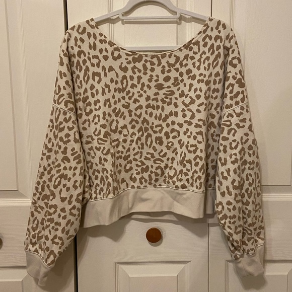 aerie Tops - Aerie Cheetah Cropped Scoop Neck Crewneck